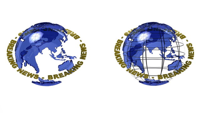 Two versions of a globe with breaking news with alpha matte