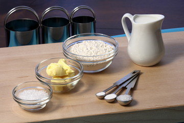 dough ingredients and kitchen utensils