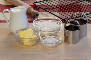 dough ingredients and kitchen utensils