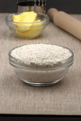 dough ingredients and kitchen utensils