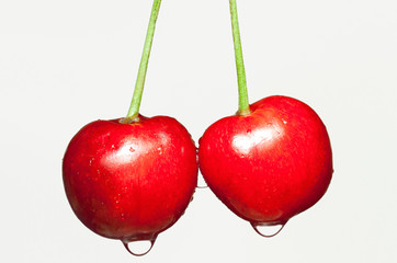 Two Fresh red cherries with falling water drops