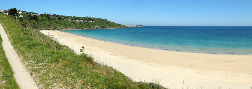 Carbis bay sandy beach panorama in Cornwall UK.