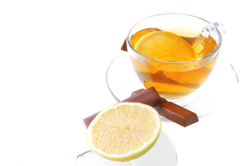 dark chocolate and tea on white