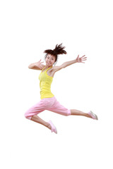 Girl jumping isolated on white background .