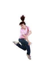 Girl jumping isolated on white background .