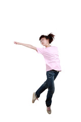 Girl jumping isolated on white background .