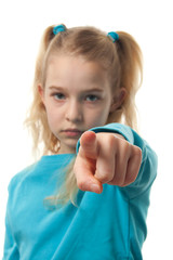girl is pointing at you over white background