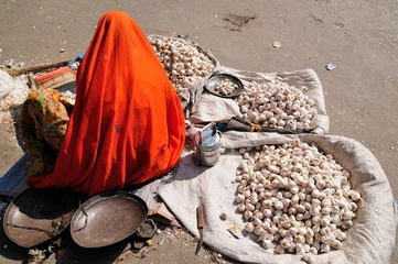 Foto op Plexiglas Indian Colorfully women seling the vegetables on the street © Rafal Cichawa