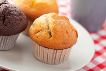 muffin on checkered tablecloth