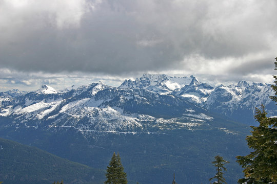 Winter snow mountain peak view.