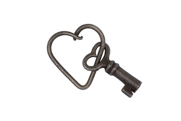 Old skeleton key on a metal heart key or key chain isolated