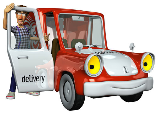 3d businessman courier and his red car