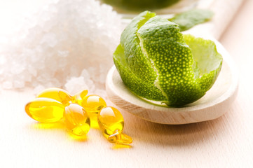 lemon bath - bath salt, capsule and fresh fruits