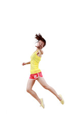 Girl jumping isolated on white background .
