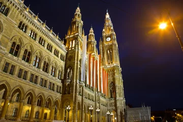 Foto auf Alu-Dibond Rathaus in Wien bei Nacht, Österreich © sborisov