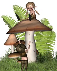 Two little goblins playing on a mushroom