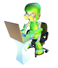 3d cute green robot character using laptop pc
