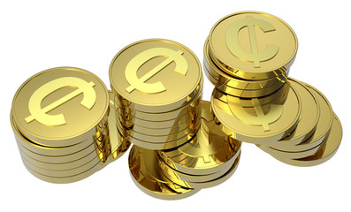 Stacks of gold coins isolated on a white background.