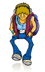 walking modern young teenager in headphones