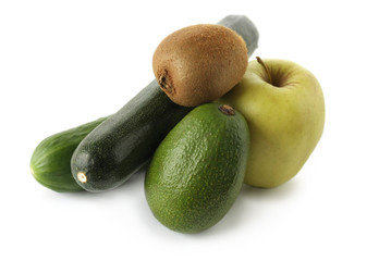 Fruits and vegetables on white background