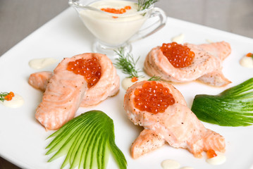 roasted salmon filet with red caviar