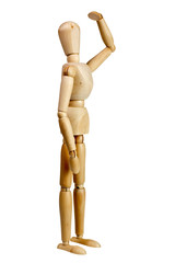 Wooden mannequin look far away isolated on white
