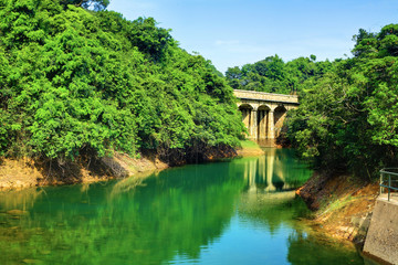 lake with stone bridge