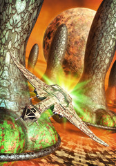 spaceship and alien planet