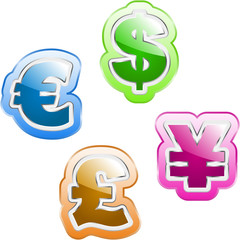 Vector dollar, euro, yen and pound signs.