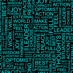 OPTIMISM. Seamless vector pattern with word cloud.