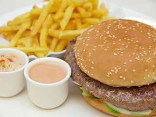 hamburger, french fries, thousand island dressing & coleslaw