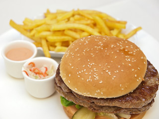 hamburger, french fries, thousand island dressing & coleslaw