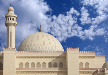 Domes and minaret of Al Fateh Mosque Bahrain, looking towards NW