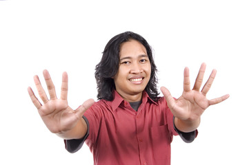 Long hair man give number ten by hand gesture