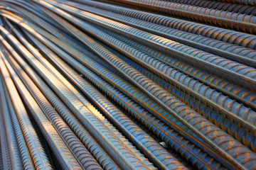 Closeup of concrete reinforcement steel rods in warehouse