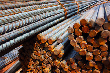 Closeup of concrete reinforcement steel rods in warehouse