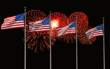 Four U.S. Flags and Fireworks