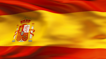 Creased Spanish satin flag in wind with seams and wrinkle