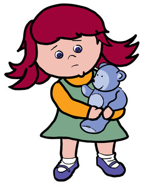 sad little girl holding a toy bear in her arms