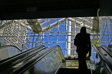 Urban view in the glass roof movetor with highrise background.