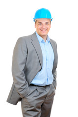 Happy engineer with blue hard hat