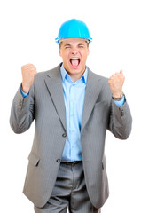 Happy engineer with blue hard hat