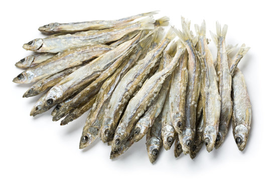 Dried salted sprat(smelt) isolated on white.