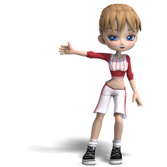 sweet little toon girl in short trousers. 3D rendering with clip