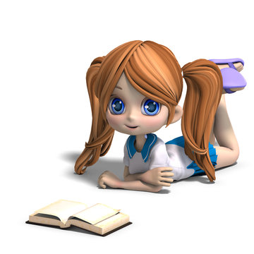 cute little cartoon school girl reads a book. 3D rendering with
