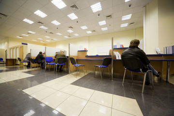 Bank office, Servicing branch, Cabins of operators, Clients