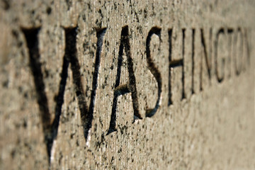 Washington sign on World War II memorial in DC