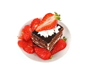 chocolate  cake with cream and  strawberry on white