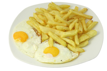 Plate of french fries and eggs