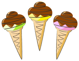 Ice cream in a waffle cone with chocolate glaze